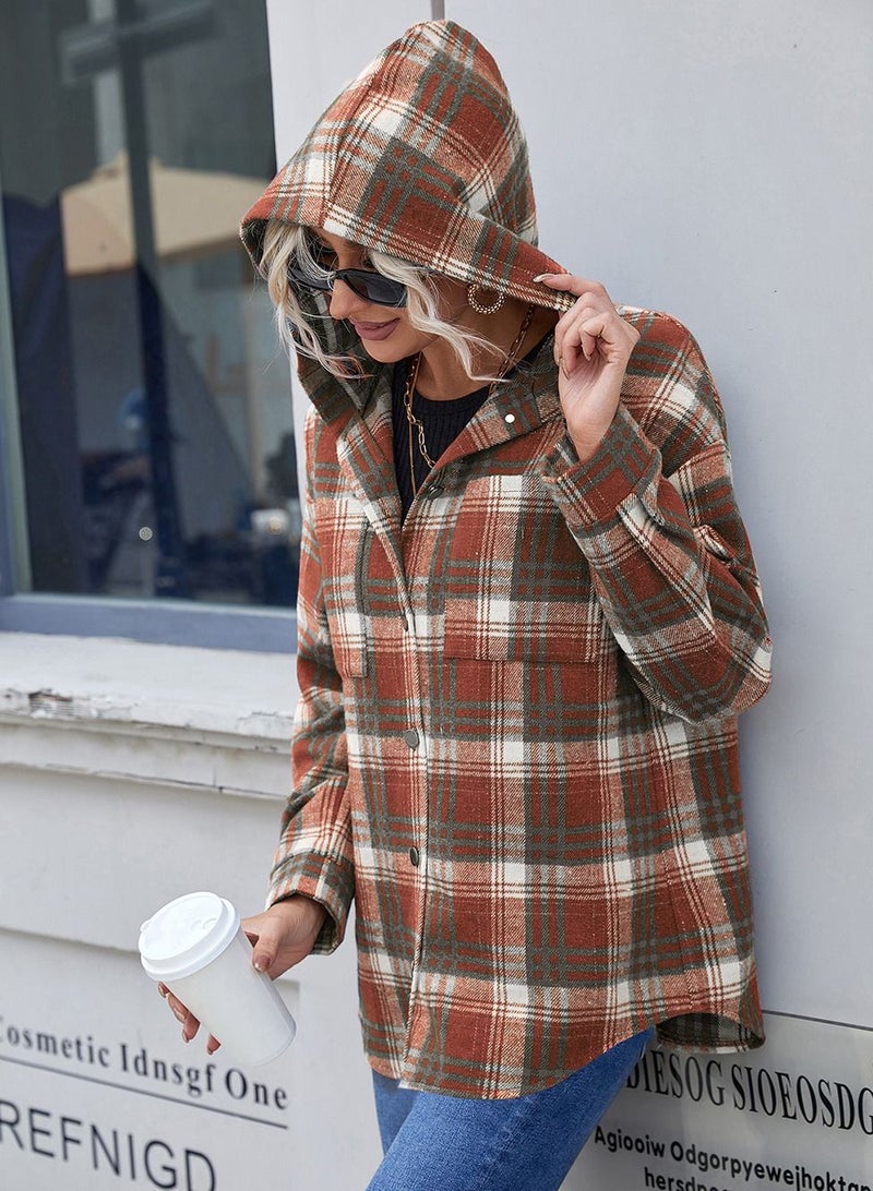 Loquat Hooded Loose Casual Cardigan Plaid Shirt Coat Multicolour - Image 1