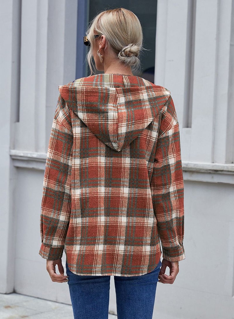 Loquat Hooded Loose Casual Cardigan Plaid Shirt Coat Multicolour - Image 2