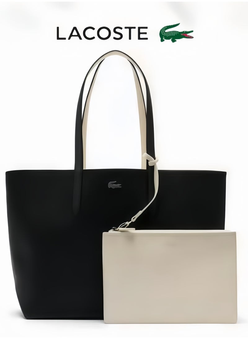 لاكوست حقيبة يد كبيرة بسعة مزدوجة الجوانب من لاكوست للنساء، متعددة الوظائف، عصرية، باللونين الأسود والأبيض - Image 1