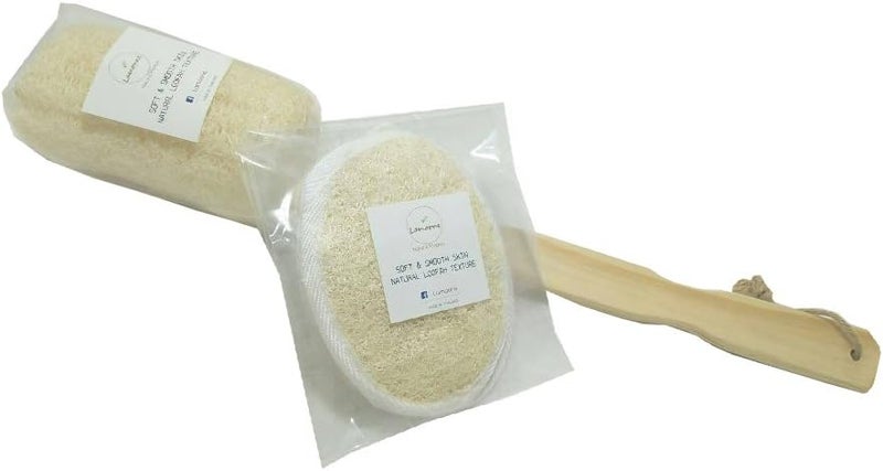 Lamoone Set of 3, Natural Exfoliating Loofah Luffa Loofa Back Sponge Scrubber Brush with Long Wooden Handle Stick + 2 Loofah Pads Shower Cleaning Brush Body Scrubber