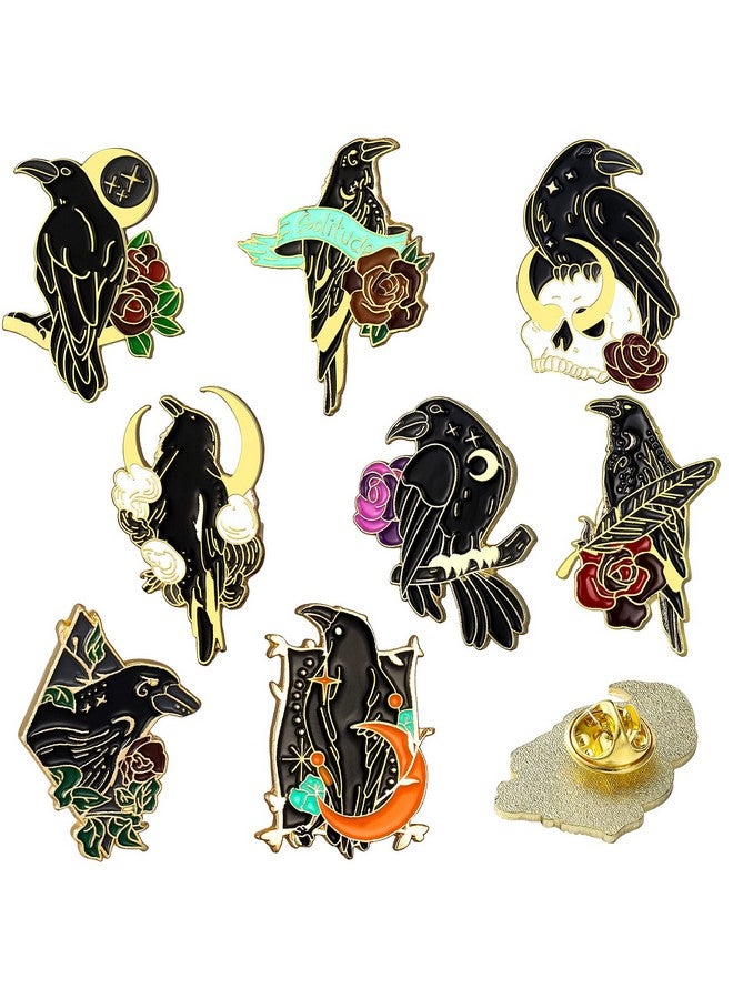 Juinte 8 Pieces Crow Enamel Pins Set Rose Moon Lapel Pin Anime Enamel Brooch Pins Aesthetic Gothic Badges For Women Backpack Denim Bag Jewelry Accessories - Image 1