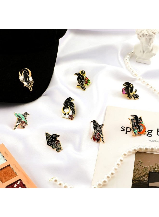 Juinte 8 Pieces Crow Enamel Pins Set Rose Moon Lapel Pin Anime Enamel Brooch Pins Aesthetic Gothic Badges For Women Backpack Denim Bag Jewelry Accessories - Image 3