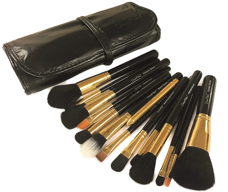Dream Maker 15 Piece Makeup Brush Set With Pouch Model DM146 Black Gold