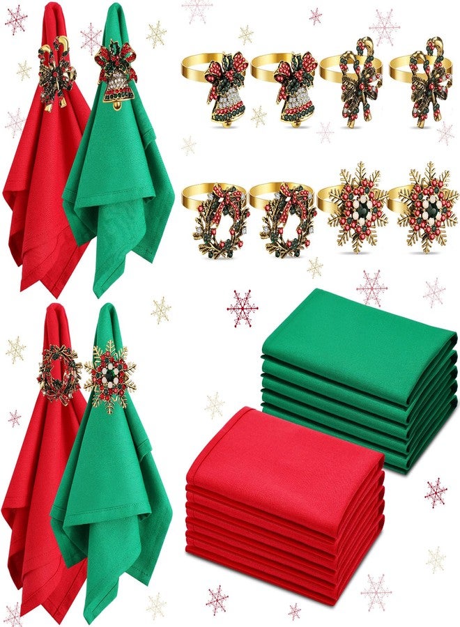 Ziliny 16 Pcs Cotton Christmas Napkins and Rings Set, 8 Washable Thanksgiving Napkins Cloth, 8 Xmas Napkin Rings for Xmas Dinner Party Table Decoration(Retro Style) - Image 1
