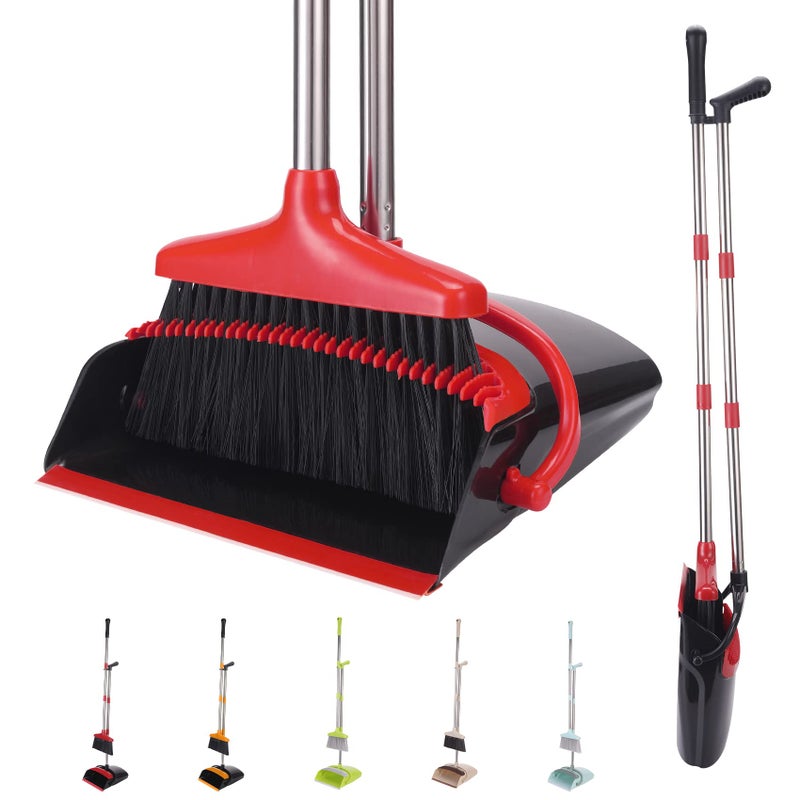 XXFLOURE BROOM و DUSPAN مع مقبض طويل خفيفة الوزن الأعمدة الفولاذ المقاوم للصدأ مقاوم القائمة قفصات منتصبة مع مكنسة كومبو للمنزل Office Office Dog Hair Black & Red Pack 1-Pack