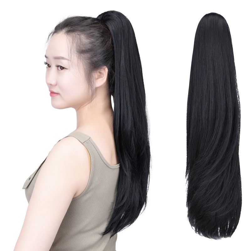 SYXLCYGG Black Ponytail Extension Yaki Straight Clip Claw Ponytails 22 55 OZ Synthetic Like Real Hair Fake Hair pieces Women Fluffy Tangled