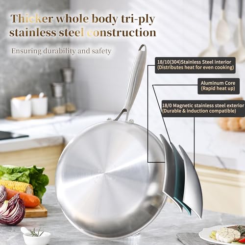DELARLO Tri-Ply Stainless Steel Pan Set, 9" & 11",Compatible with All Cooktops Up to 600℉, Stainless Steel Frying Pan Set, Durable, Fast Even Heat, Cooking Pans, Kitchen Cookware Set, Skillet Set of 2 - Image 2