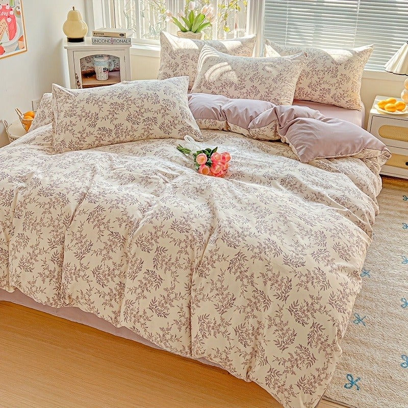 3pcs Soft and Comfortable Minimalist Style Small Floral Print Duvet Cover Set, Includes 1 Duvet Cover + 2 Pillowcases. Suitable for Bedrooms, Dorms, Guest Rooms. Washed Print Process. Machine Washable - Image 3
