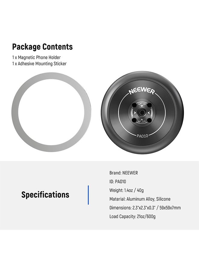 NEEWER Magnetic Phone Tripod Mount Adapter with Adhesive Magnetic Ring Compatible with MagSafe iPhone 15 Pro Max 15 Plus 14 13 12, 1/4 Thread for iPhone Video Recording Selfie Stick Ring Light, PA010