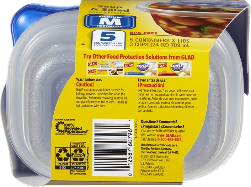 GladWare Soup & Salad Everyday Use, Medium Rectangle Storage, Standard, 24 Oz, 5 Count - Image 2