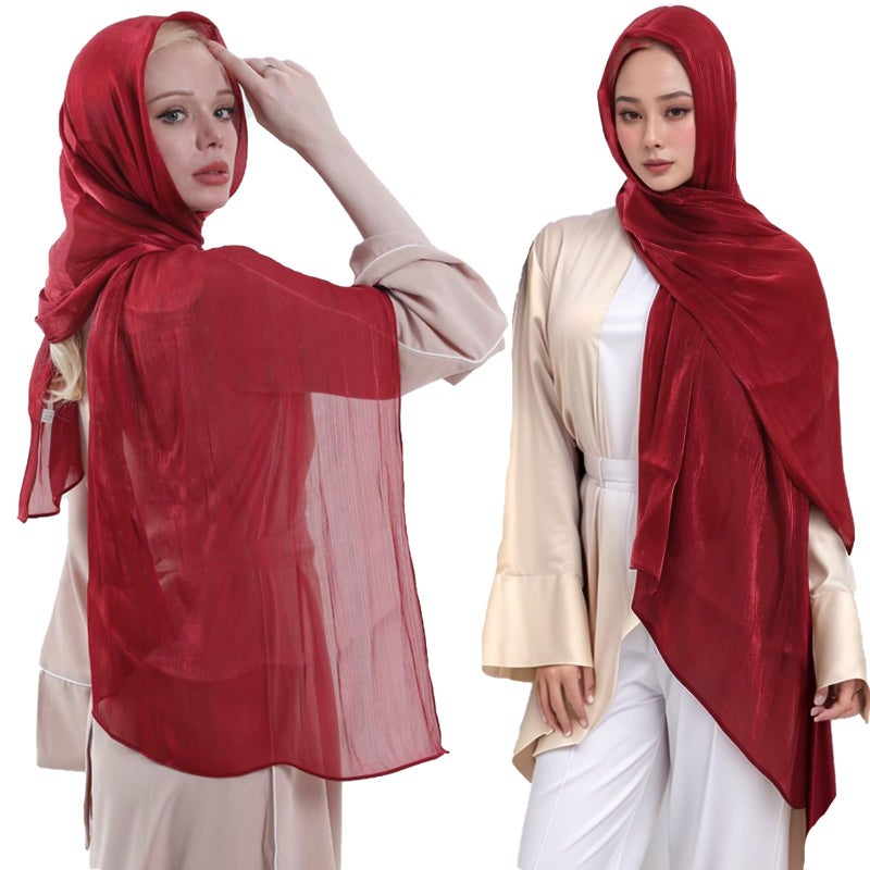 HURESON Women Premium Hijab Head Scarf Lightweight Shimmer Scarves Crepe Wedding Shawls and Wraps for Evening Dresses Shiny (Deep Red) - Image 4