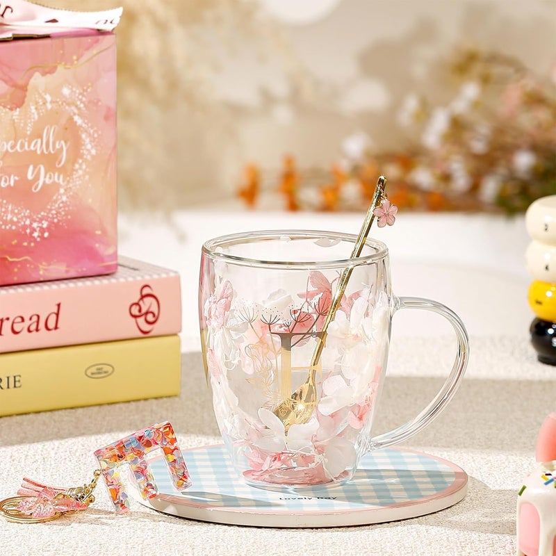 BigNoseDeer Gifts for Women Glass Coffee Mugs Unique Birthday Gift for Women Her Ladies Espresso Tea Cups Personalised Friendship Wedding Gifts Cute Double Walled Glass Mugs Pink Stuff Graduation Gift (Letter E) - Image 4