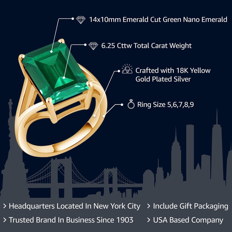 Gem Stone King 14X10MM Emerald Cut Gemstone Birthstone Solitaire Engagement Ring For Women | 18K Yellow Gold Plated Silver | Wedding Anniversary Ring For Women | Available In Size 5, 6, 7, 8, 9 - Image 2