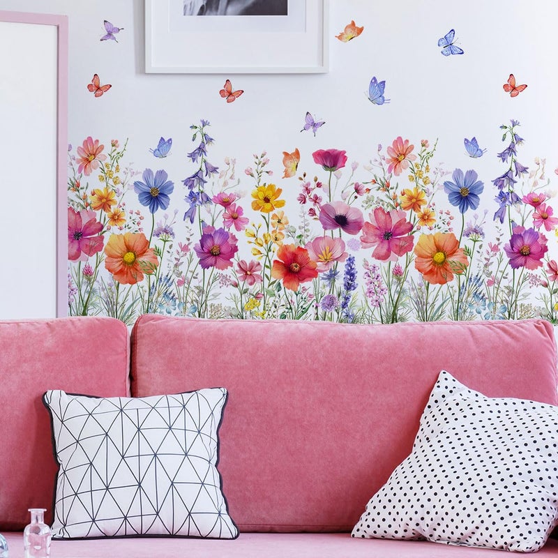 Incholl 2 Pieces Flowers Wall Decals Vinyl Flowers Wall Stickers Removable Floral Murals Peel and Stick Colorful Flower Decor for Girls Bedroom Living Room Nursery (Bright) - Image 4