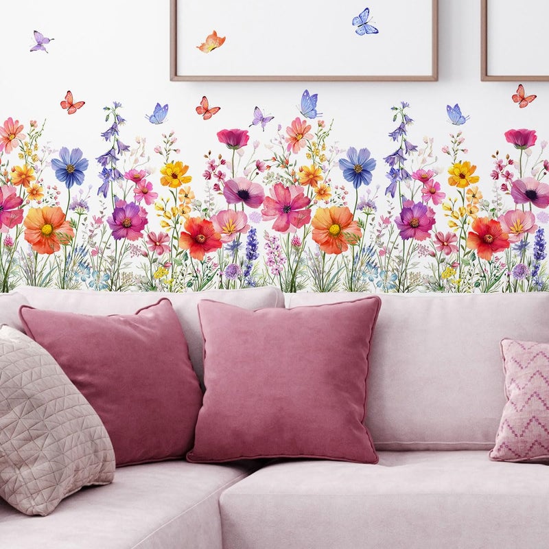 Incholl 2 Pieces Flowers Wall Decals Vinyl Flowers Wall Stickers Removable Floral Murals Peel and Stick Colorful Flower Decor for Girls Bedroom Living Room Nursery (Bright) - Image 1