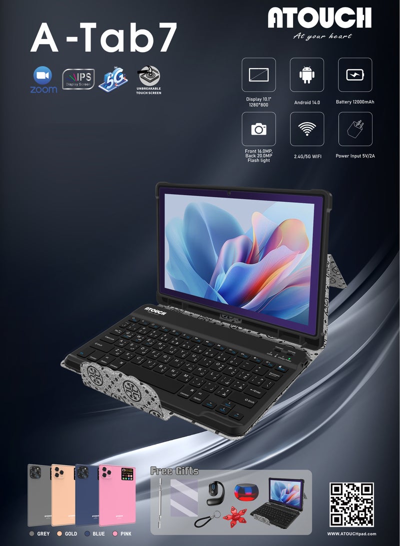 ATOUCH A-Tab7 10.1-inch Android Tablet with Keyboard – 12GB RAM 512GB ROM 5G WiFi Dual SIM Bluetooth Stylus & Accessories (Grey) - Image 3