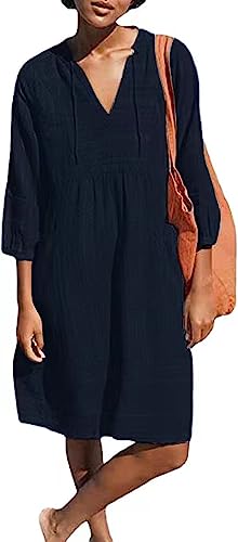 Lafural Womens V Neck Cotton Casual Loose Shift Tunic Smock Summer Dresses Vacation Dress 3/4 Sleeve Pocket Navy XL - Image 1