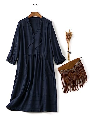 Lafural Womens V Neck Cotton Casual Loose Shift Tunic Smock Summer Dresses Vacation Dress 3/4 Sleeve Pocket Navy XL - Image 2