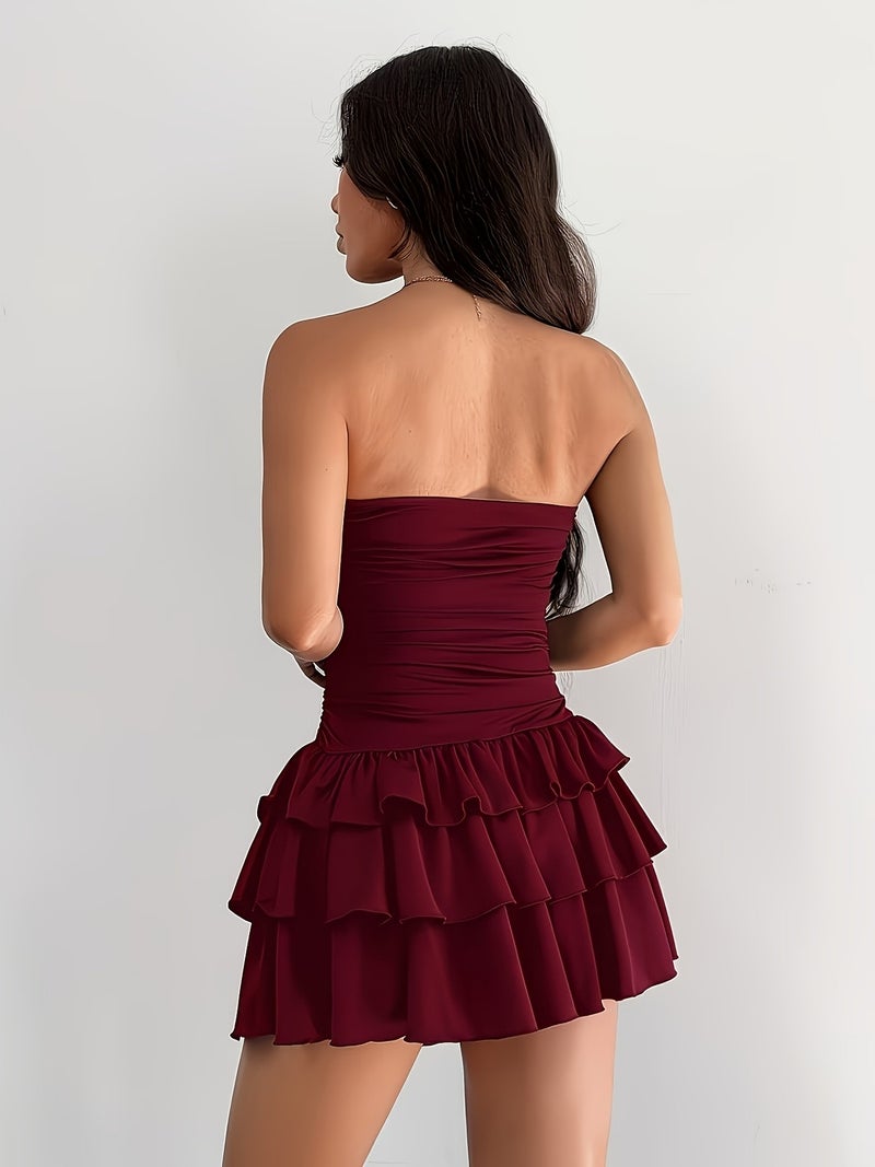 ZJ02250319 Women's Summer Cute and Sexy Tube Top Cake Skirt Ruffle Mini Dress - Image 3