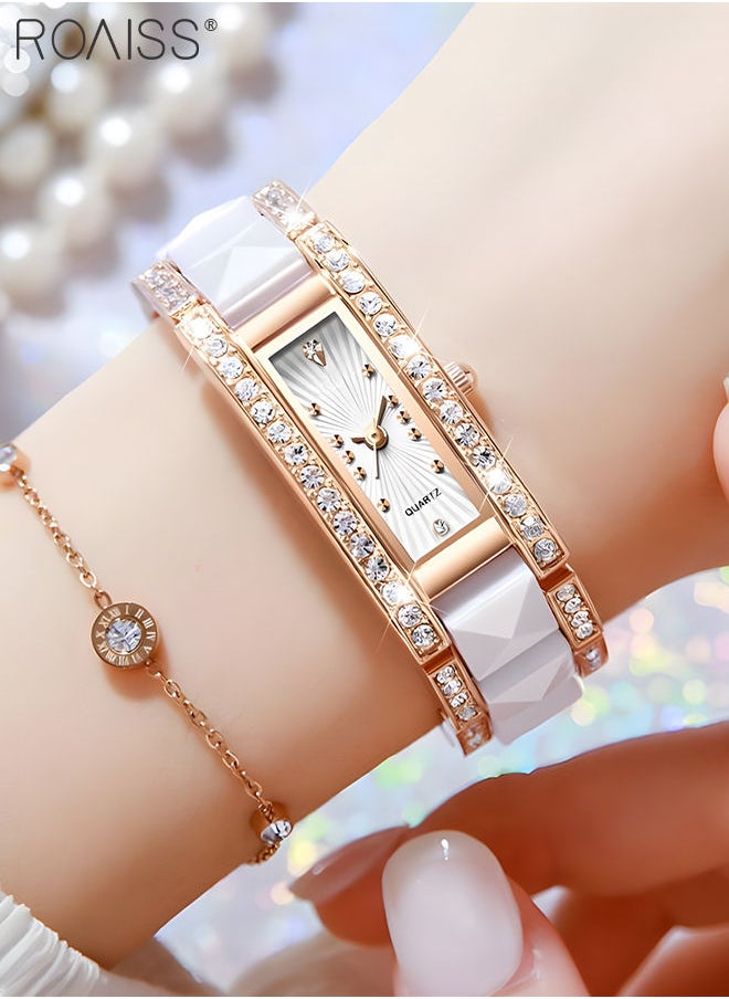 roaiss - Ceramic Strap Quartz Watches for Women Analog Display Rectangle White Dial Decorated with Rhinestones Waterproof Luxurious Wristwatch as Gift for Ladies - Image 1