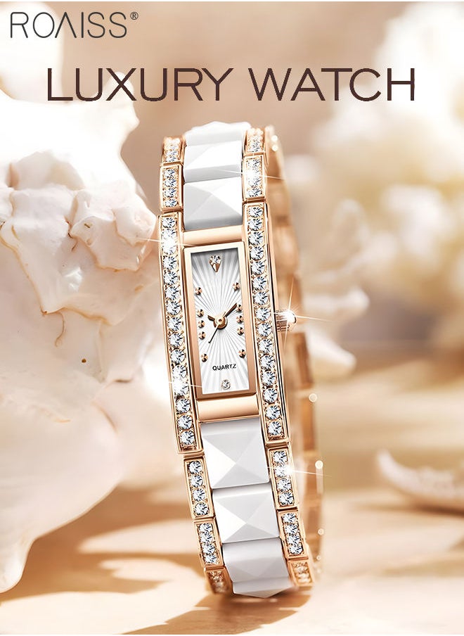 roaiss - Ceramic Strap Quartz Watches for Women Analog Display Rectangle White Dial Decorated with Rhinestones Waterproof Luxurious Wristwatch as Gift for Ladies - Image 1