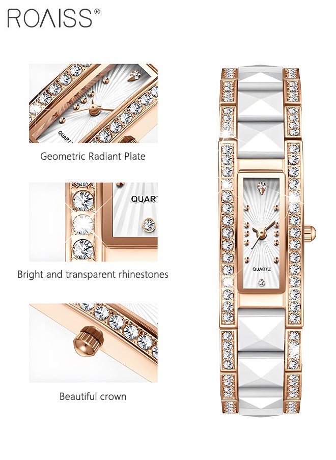 roaiss - Ceramic Strap Quartz Watches for Women Analog Display Rectangle White Dial Decorated with Rhinestones Waterproof Luxurious Wristwatch as Gift for Ladies - Image 1