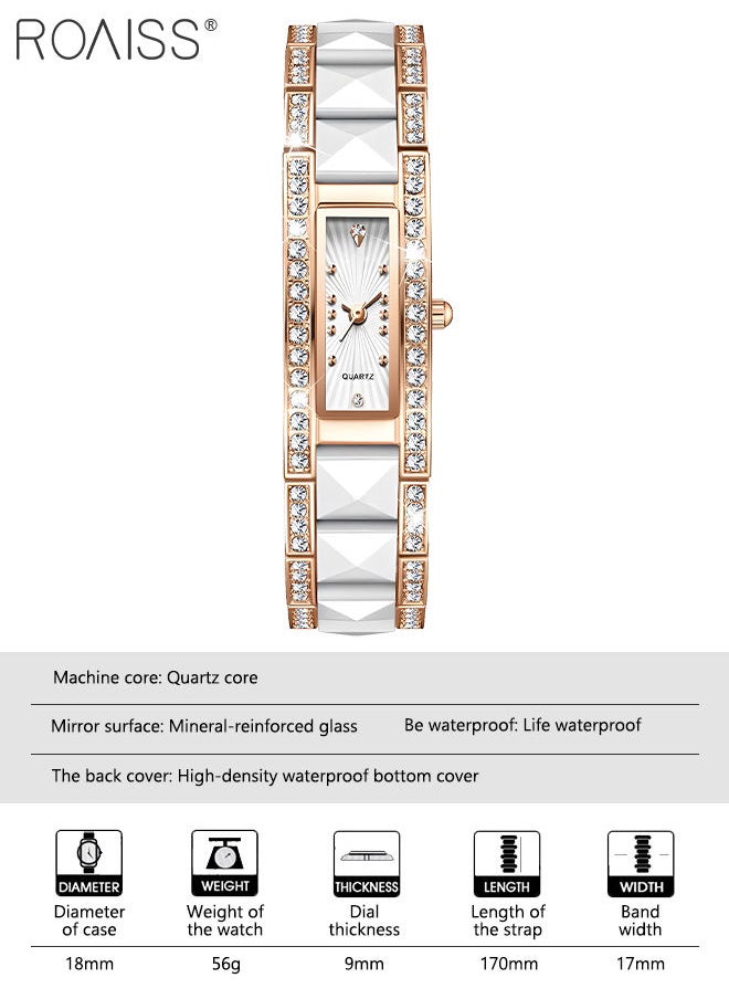 roaiss - Ceramic Strap Quartz Watches for Women Analog Display Rectangle White Dial Decorated with Rhinestones Waterproof Luxurious Wristwatch as Gift for Ladies - Image 1