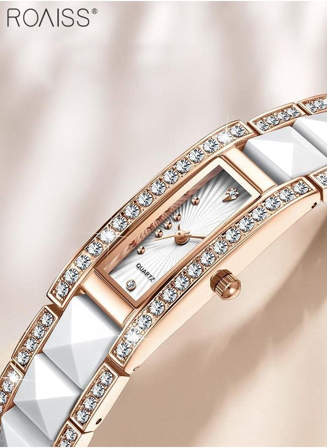 roaiss - Ceramic Strap Quartz Watches for Women Analog Display Rectangle White Dial Decorated with Rhinestones Waterproof Luxurious Wristwatch as Gift for Ladies - Image 1