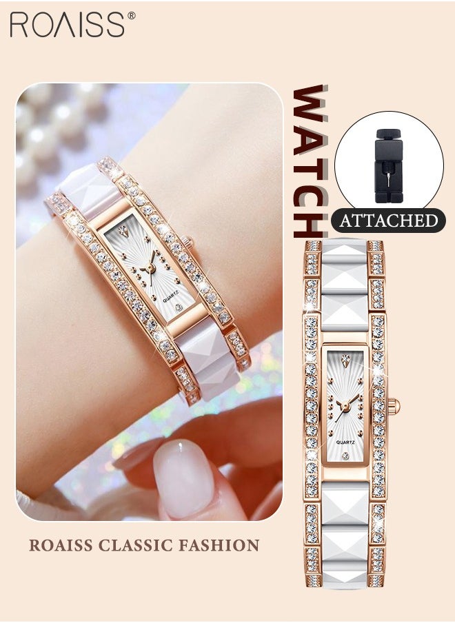 roaiss - Ceramic Strap Quartz Watches for Women Analog Display Rectangle White Dial Decorated with Rhinestones Waterproof Luxurious Wristwatch as Gift for Ladies - Image 1