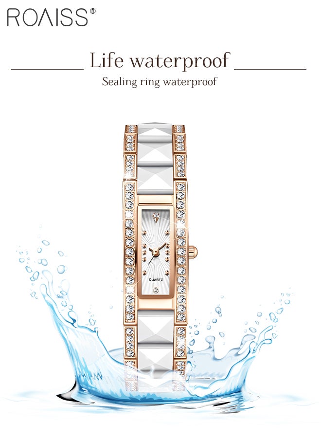 roaiss - Ceramic Strap Quartz Watches for Women Analog Display Rectangle White Dial Decorated with Rhinestones Waterproof Luxurious Wristwatch as Gift for Ladies - Image 1