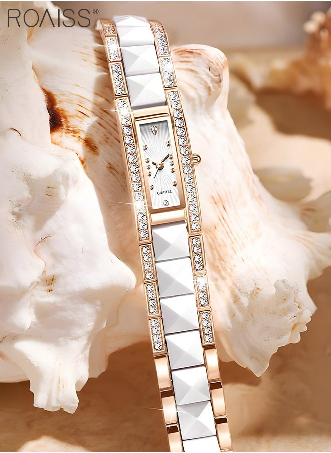 roaiss - Ceramic Strap Quartz Watches for Women Analog Display Rectangle White Dial Decorated with Rhinestones Waterproof Luxurious Wristwatch as Gift for Ladies - Image 1