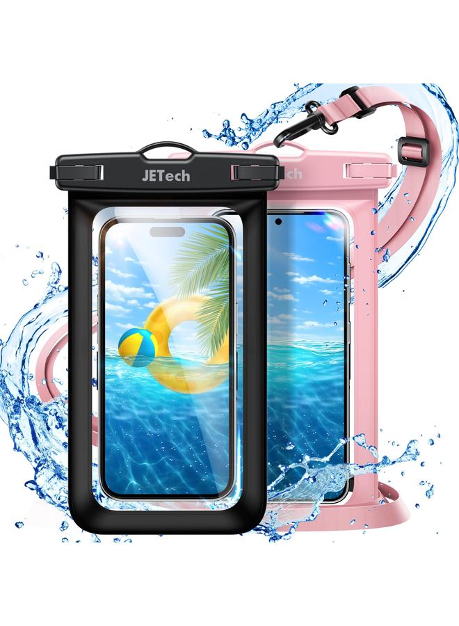 جي تيك جراب هاتف مقاوم للماء ومضاد للماء لهاتف Iphone 16 15 14 13 12 Pro Max Plus وSamsung Galaxy S24 S23 Ultra وغيرها حتى 7.2 بوصة حقيبة جافة IPX8 مع حزام، قطعتان باللون الأسود والوردي - Image 1