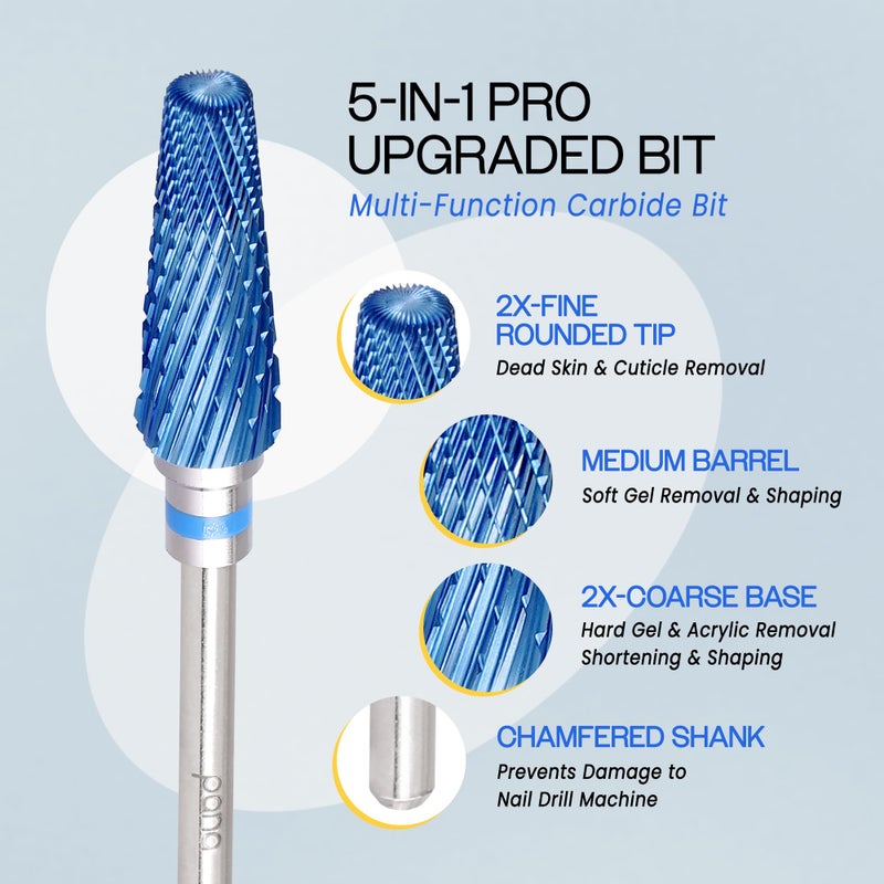 PANA 5-in-1 Pro Upgraded Multi-Function Drill Bit 3/32" Shank Size - (Blue, 2X Coarse to 2X Fine) - Mix Size Tungsten Drill Bit Fast Remove Acrylic Hard Gel Nail for Manicure Pedicure - Image 3