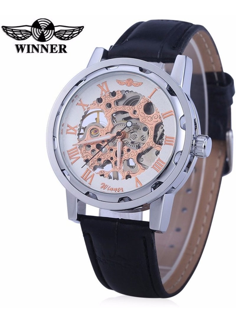 Winner Men's Watch, Mechanical Skeleton Hand-Wind Steampunk Bling Watch for Men Women, Roman Numeral PU Leather Silver Rose-Gold Case Unisex Wrist Watch