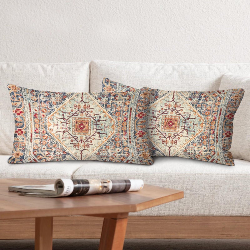 BUAEL Boho Throw Pillow Covers 12x20 inch Set of 2,Boho Vintage Carpet Pattern Antique Ethnic Decor Double Sided Pattern Cushion Cover Soft Pillow Case Living Sofa Room Bed Square Pillow Cover - Image 1