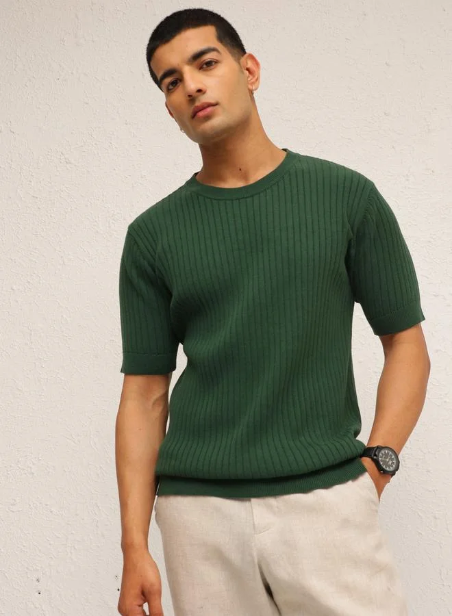ساسافراس Men Emelard Green Round Neck Relaxed Fit T-Shirt