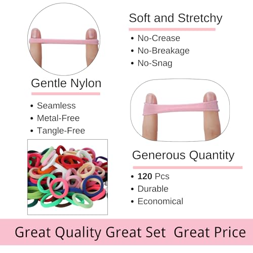 LuSeren 120PCS Colorful Hair Ties for Women – Soft Seamless Nylon Ponytail Holders, No Damage Fabric Hair Elastics for Thick Hair & Daily Matching - Image 3