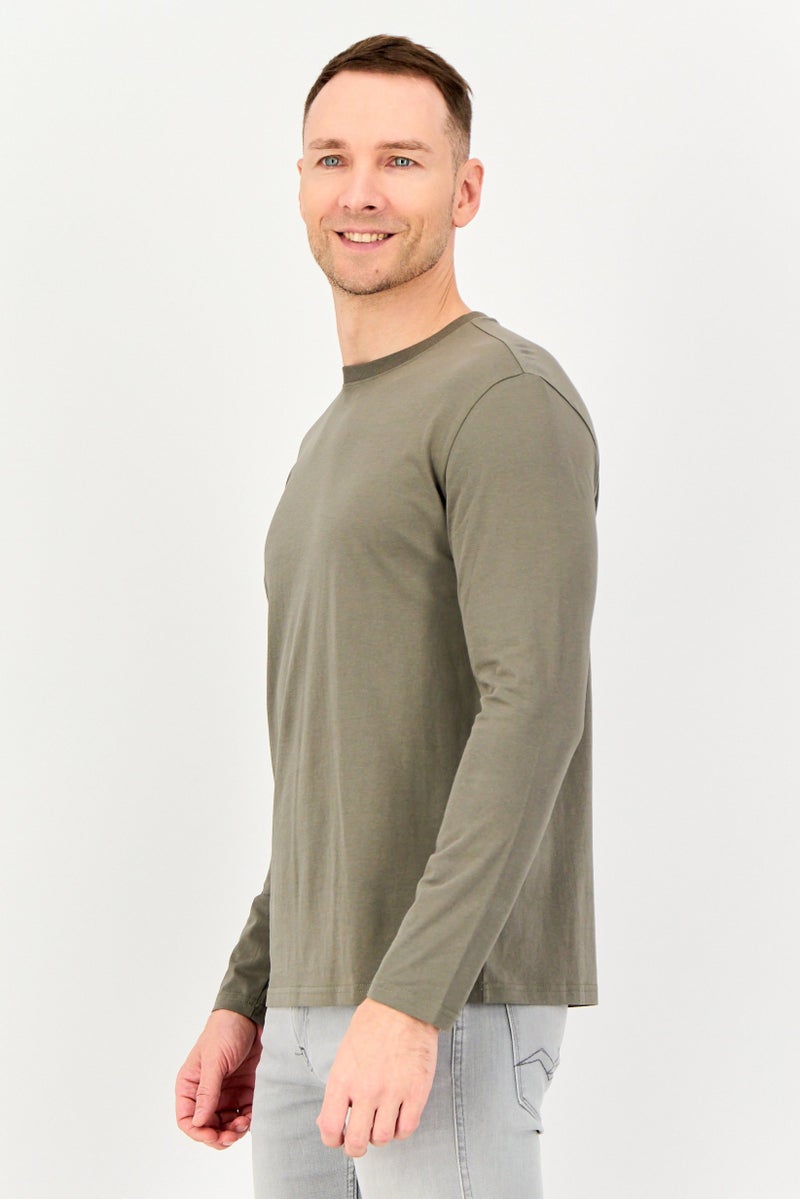 Core Elements Men Crew Neck Plain Long Sleeve T-Shirt, Olive - Image 4
