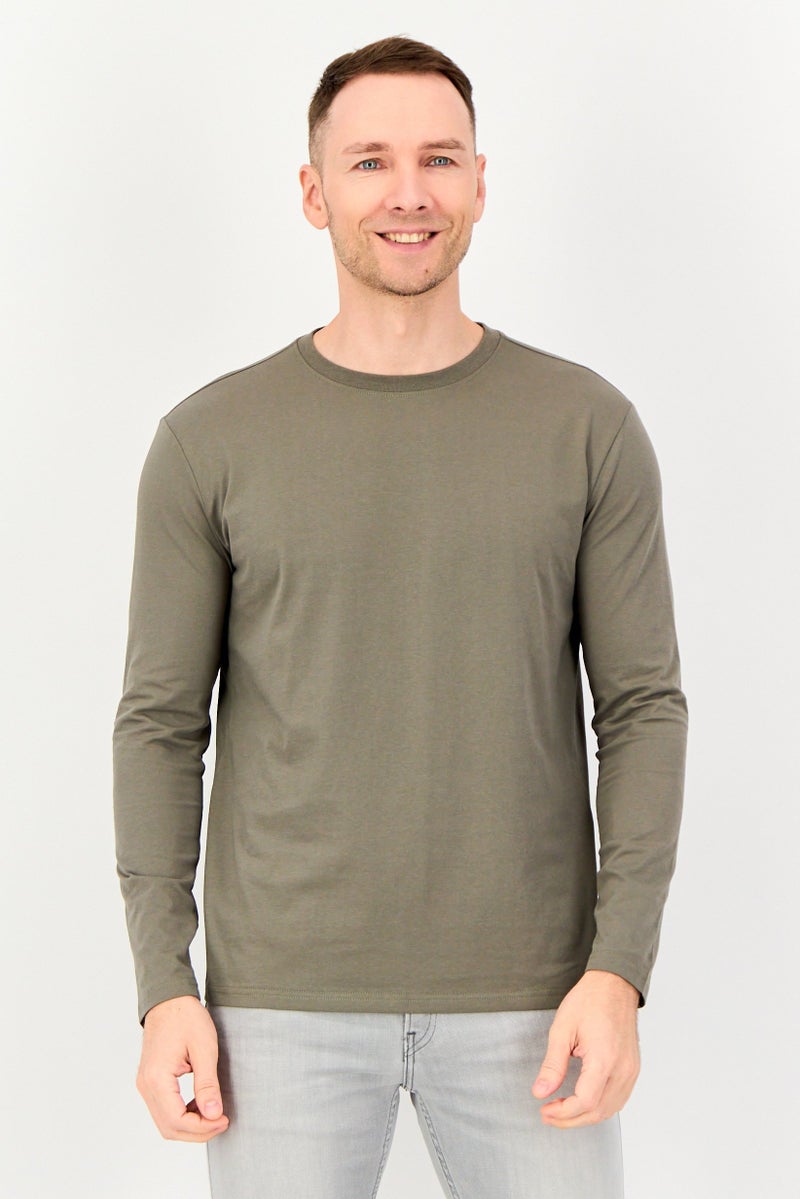 Core Elements Men Crew Neck Plain Long Sleeve T-Shirt, Olive - Image 1