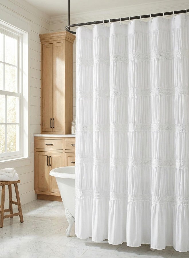 Hi -G HIG White Ruffled Lace Shower Curtain - Farmhouse Modern Fabric Bath Curtain - Decorative Solid Color Privacy Bathroom Curtain for Tub or Stall - Image 1