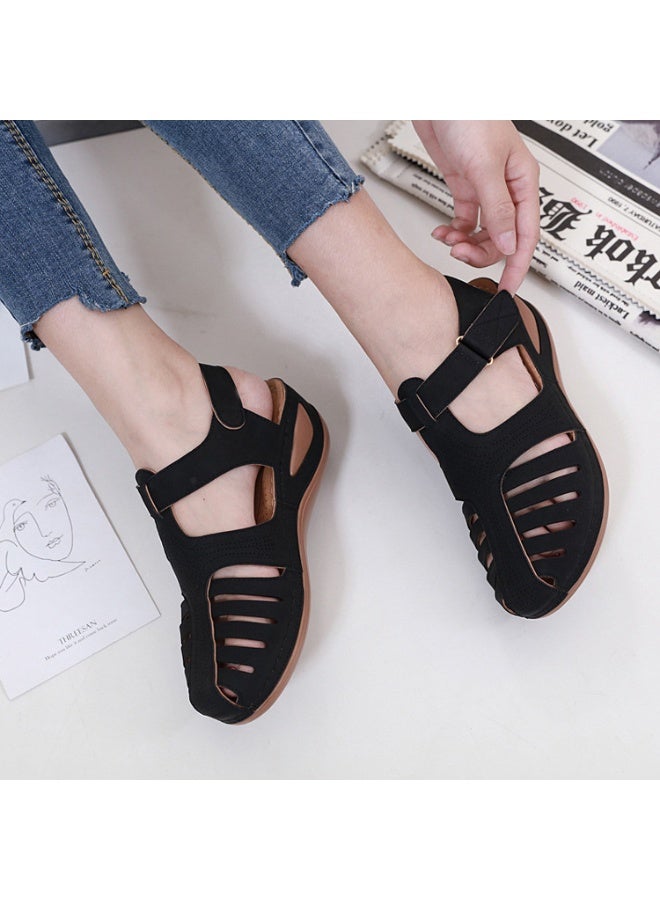NIBEMINENT Summer Retro Wedge Sandals Leather Casual Women's Anti-Slip Open Toe Platform Shoes Soft Sole Beach Roman Shoes  - Image 2