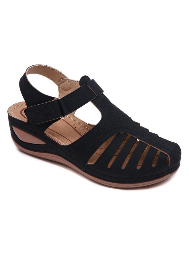 NIBEMINENT Summer Retro Wedge Sandals Leather Casual Women's Anti-Slip Open Toe Platform Shoes Soft Sole Beach Roman Shoes  - Image 1