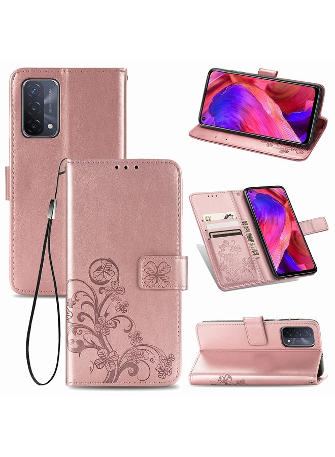 اس-توب جراب لهاتف OPPO A54 5G، جراب جلدي منقوش بأربع أوراق لحماية الهاتف المحمول مع حبل وفتحة للبطاقات ومحفظة ووظيفة قوس - Image 1