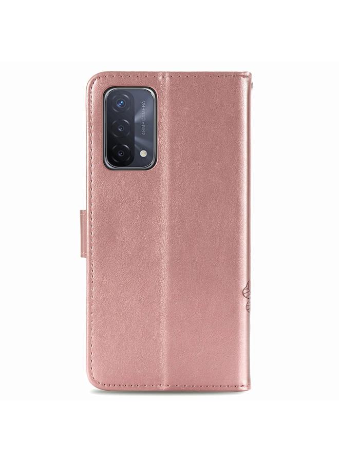 اس-توب جراب لهاتف OPPO A54 5G، جراب جلدي منقوش بأربع أوراق لحماية الهاتف المحمول مع حبل وفتحة للبطاقات ومحفظة ووظيفة قوس - Image 3
