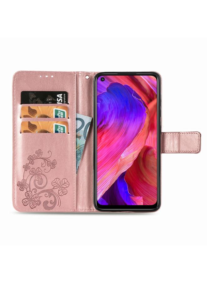 اس-توب جراب لهاتف OPPO A54 5G، جراب جلدي منقوش بأربع أوراق لحماية الهاتف المحمول مع حبل وفتحة للبطاقات ومحفظة ووظيفة قوس - Image 4