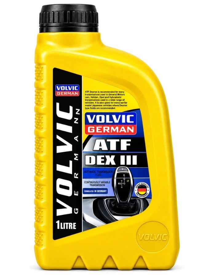 فولفيك زيت ناقل حركة أوتوماتيكي VOLVIC GERMAN ATF DEX III سعة 1 لتر، سائل فتيس أوتوماتيك Dexron III للمركبات المتوافقة، مناسب للعديد من نواقل الحركة الأوتوماتيكية في سيارات GM وهولدن وأوبل وبعض السيارات اليابانية الأقدم التي تتطلب سوائل من نوع Dexron، للمساعدة على التزييت وسلاسة النقل وحماية مكونات ناقل الحركة، تركيبة مطورة في ألمانيا - Image 1