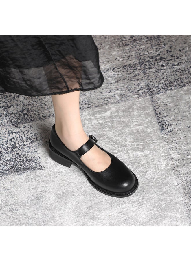 Thick Heeled Mary Jane Shoes Women's Autumn And Winter New Jk Girl's Round Toe Buckle Shallow Shoes Wooden Heeled Vintage Leather Shoes