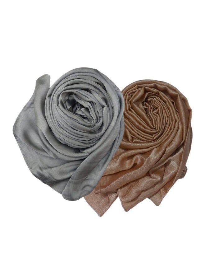 Trending Muna Satin Hijab Combo Of 2 (Silver Ash & Golden Colour) Silky & Shiny Muslim Women's Islamic Fancy Shawl/Duppatta/Stoles/Head Scarves for Girls  - Image 1