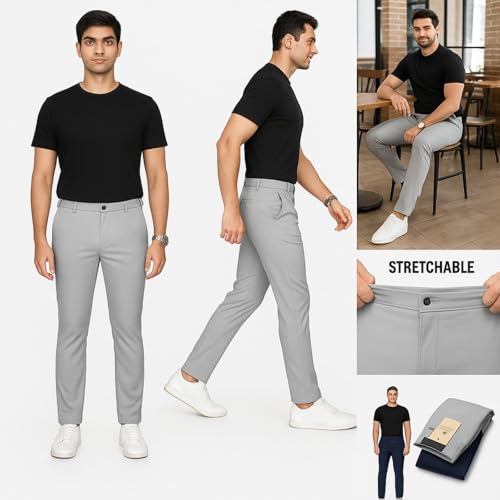 PALIANS Men's Regular Fit Formal Stretchable Trousers with Expandable Waist | Skin-Friendly Lycra Solid Pant (in, Numeric, 34, Regular, Light Grey) - Image 5