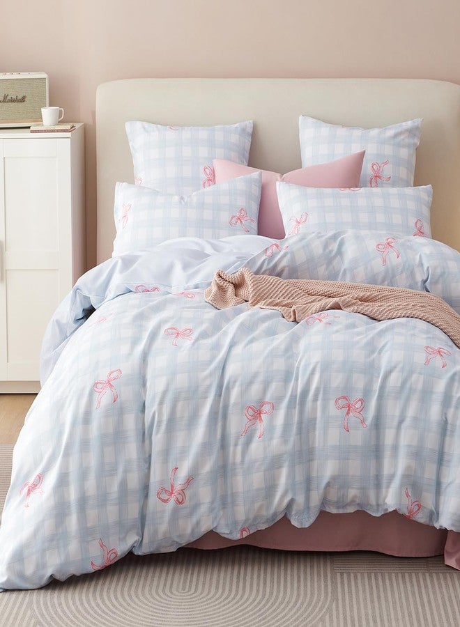 Erwinmu Girls Comforter Set Queen Size,3 Pieces Pink Bow Ties on Gingham Comforter Bedding Sets Reversible Pattern Back to School for Girls Kids,Cozy Microfiber Comforter and 2 Pillowcases - Image 1